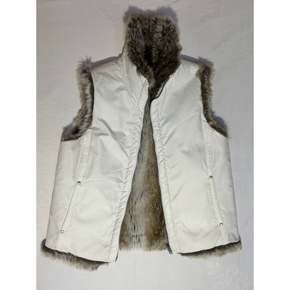 Weatherproof Reversible Faux Fur Vest White Brown Quilted Zip Up Medium L5020